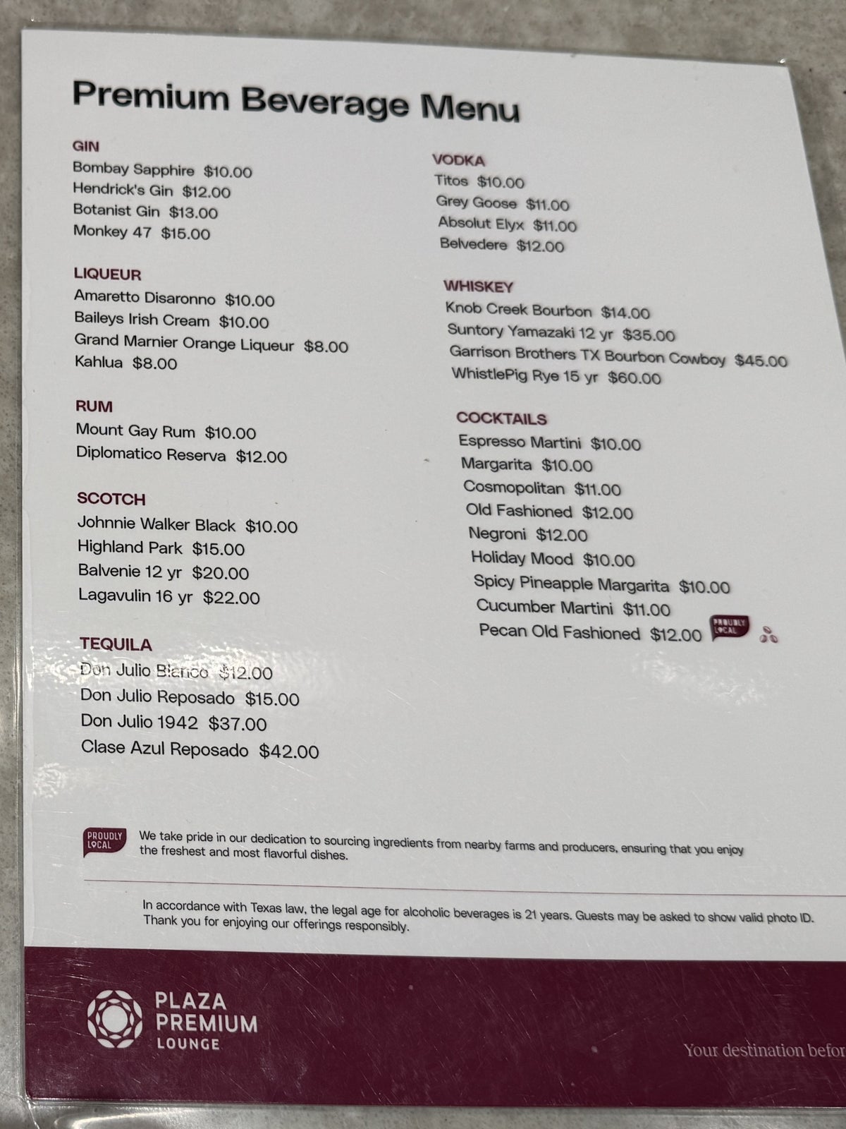 Plaza Premium Lounge DFW premium bar menu