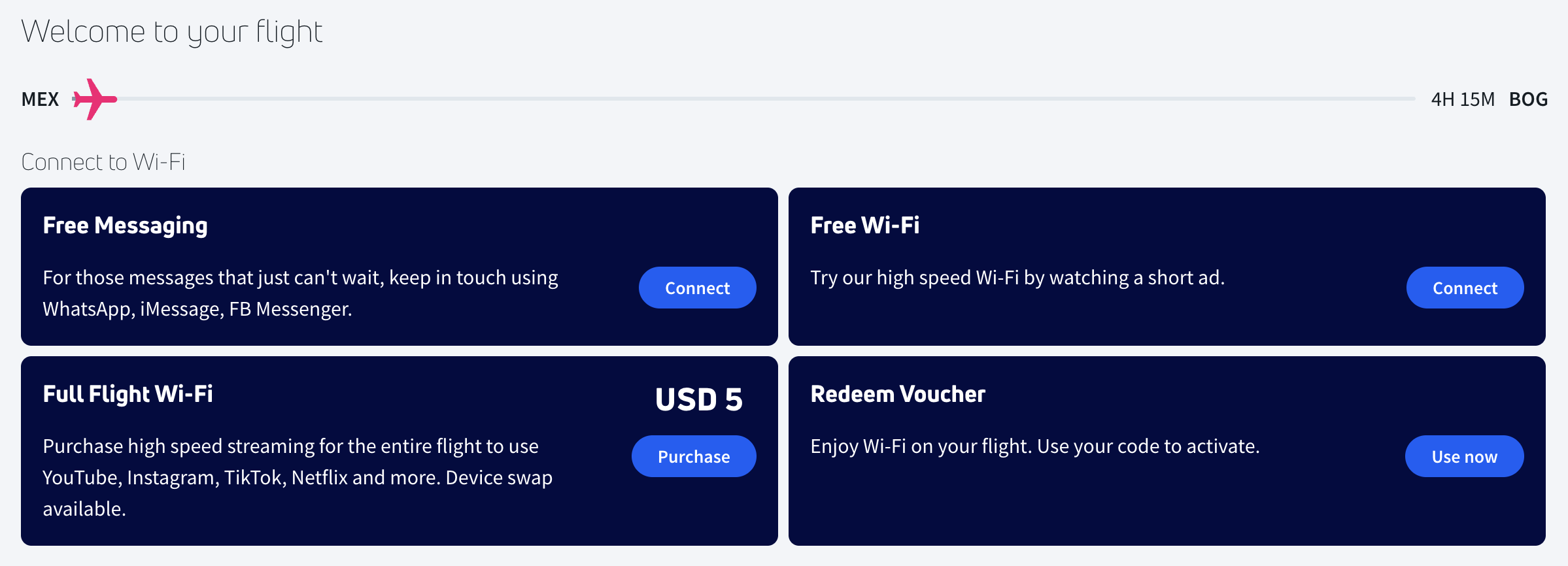 Aeromexico MEX BOG Wi Fi options