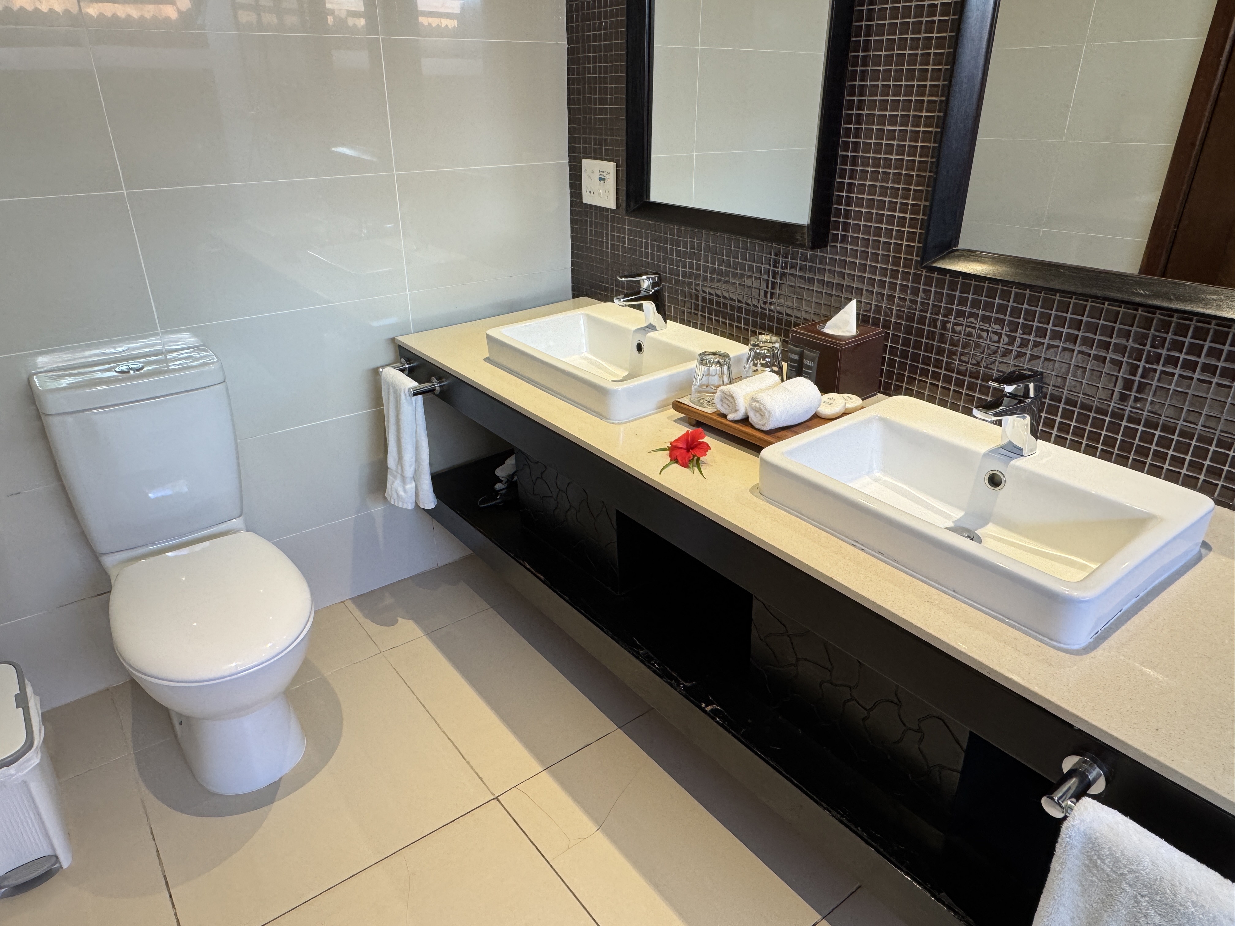 Sheraton Tokoriki Island Bathroom with double vanity sinks toilet hibiscus flower