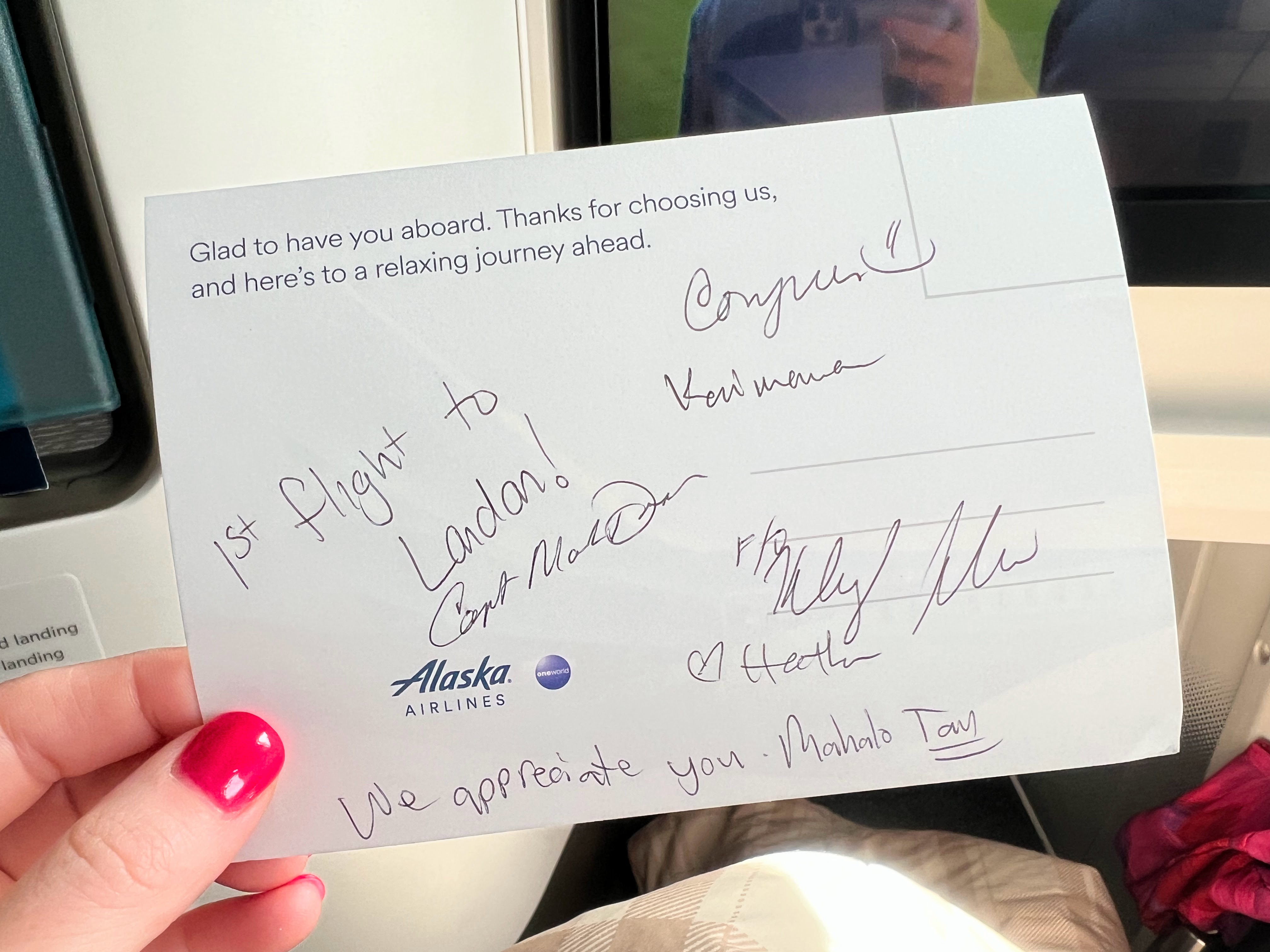 Signed Alaska Airlines postcard from the first flight to London