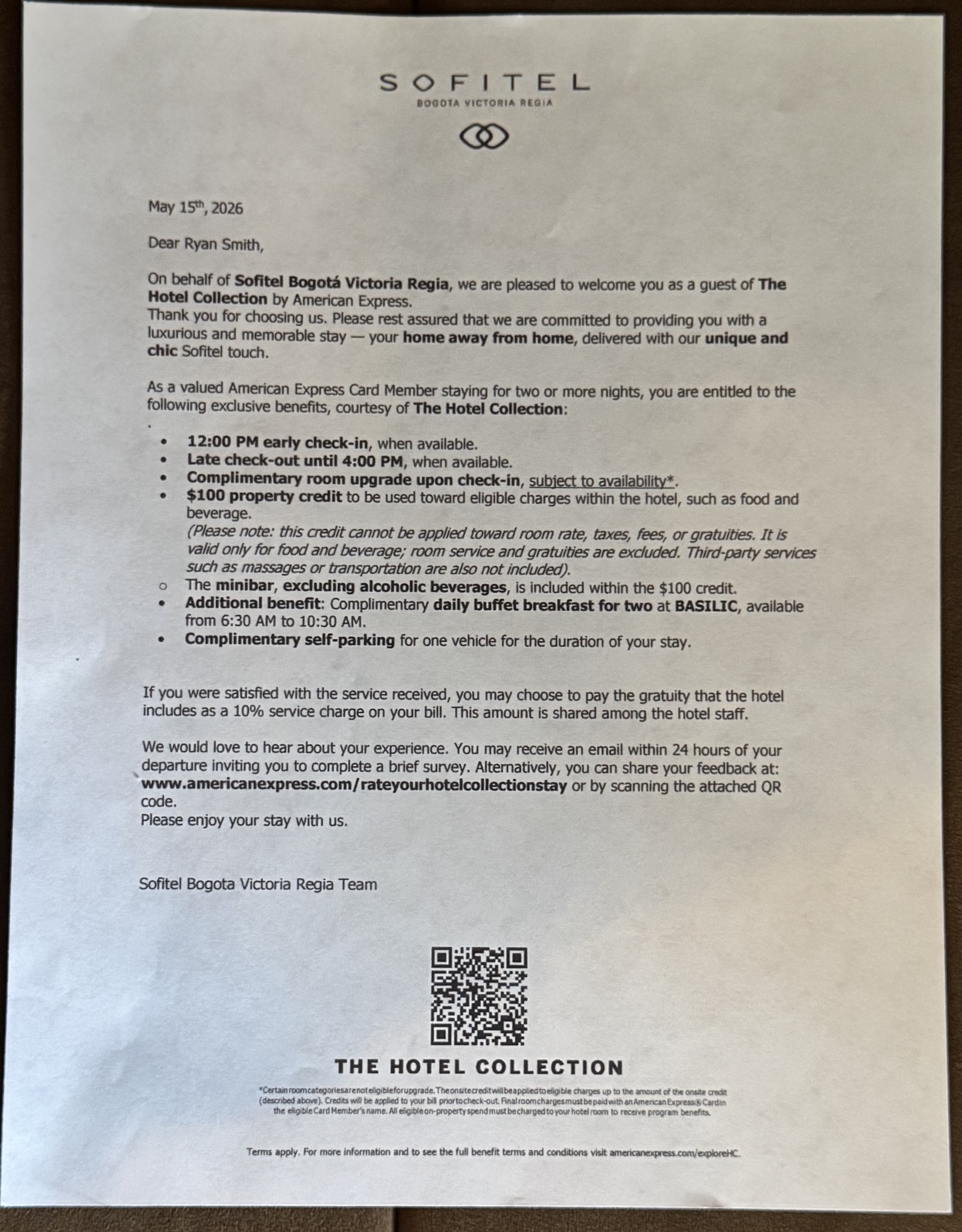 Sofitel Bogota Victoria Regia Welcome Letter Sofitel Bogota Victoria Regia Welcome Letter