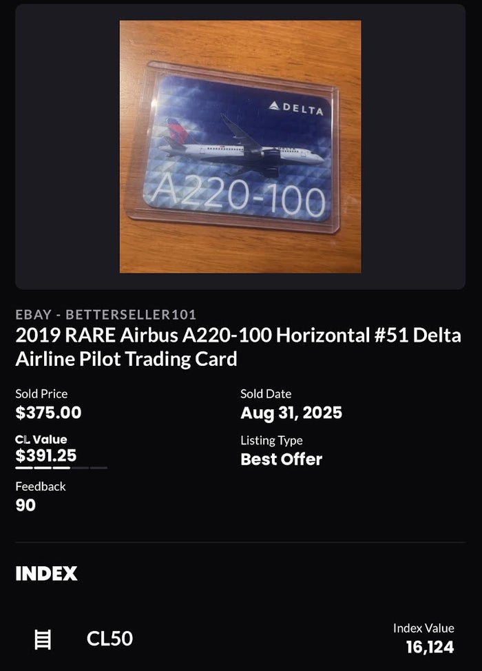 Delta A220 100 collectible card eBay sale