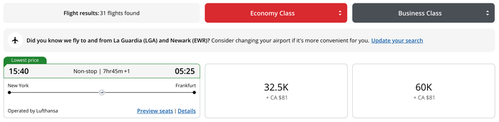 Aeroplan redemption JFK FRA business