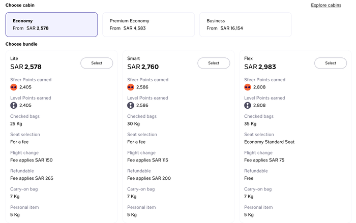 Riyadh Air economy class fare types and inclusions