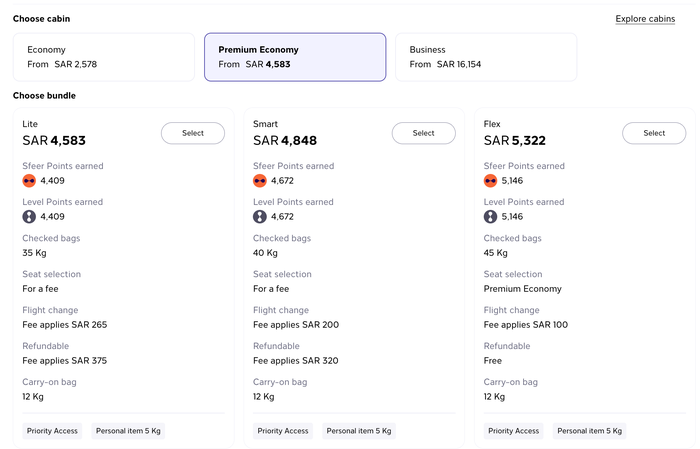 Riyadh Air premium economy fare types and inclusions