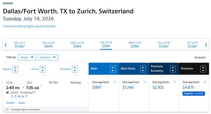 AA DFW ZRH Business Class Pricing cash