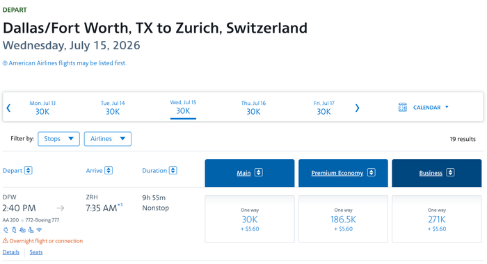 AA DFW ZRH AAdvantage rates