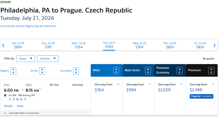 AA PHL PRG Business Class Cash Rates