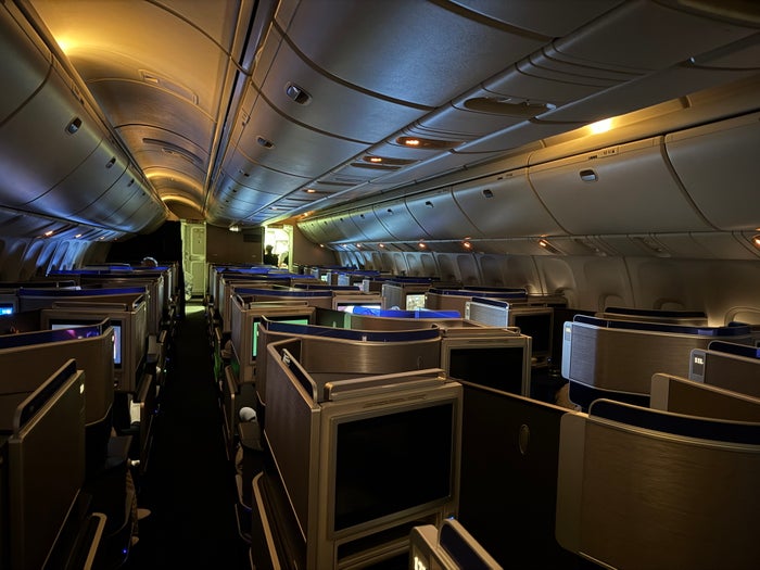 United Airlines B767 400 Polaris cabin at night United Airlines B767 400 Polaris cabin at night