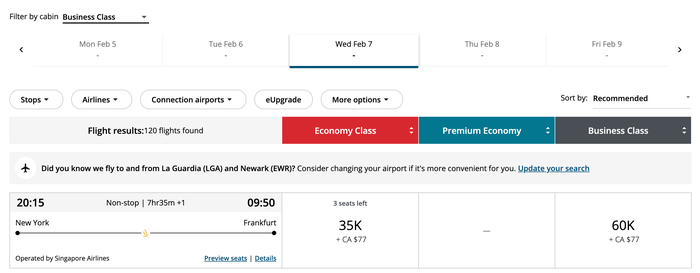 Aeroplan search JFK FRA 60K SQ