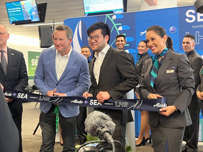 Alaska Airlines Seatle to London inaugural ribbon cutting
