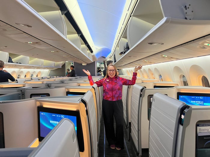 Katie on Alaska Airlines 787 9 business class suites