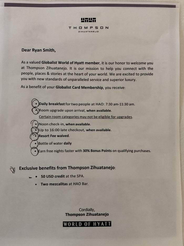 Hyatt Thompson Zihuatanejo Mexico Welcome Letter