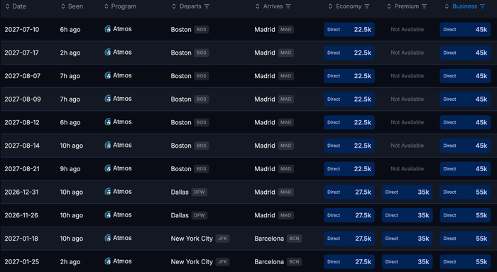 Seats.aero availability Oct 2026 USA BCN MAD